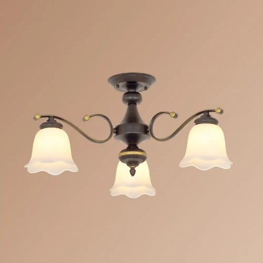 Vintage Frosted Glass Flower Shade Semi Flush Mount Chandelier for Bedroom Ceiling