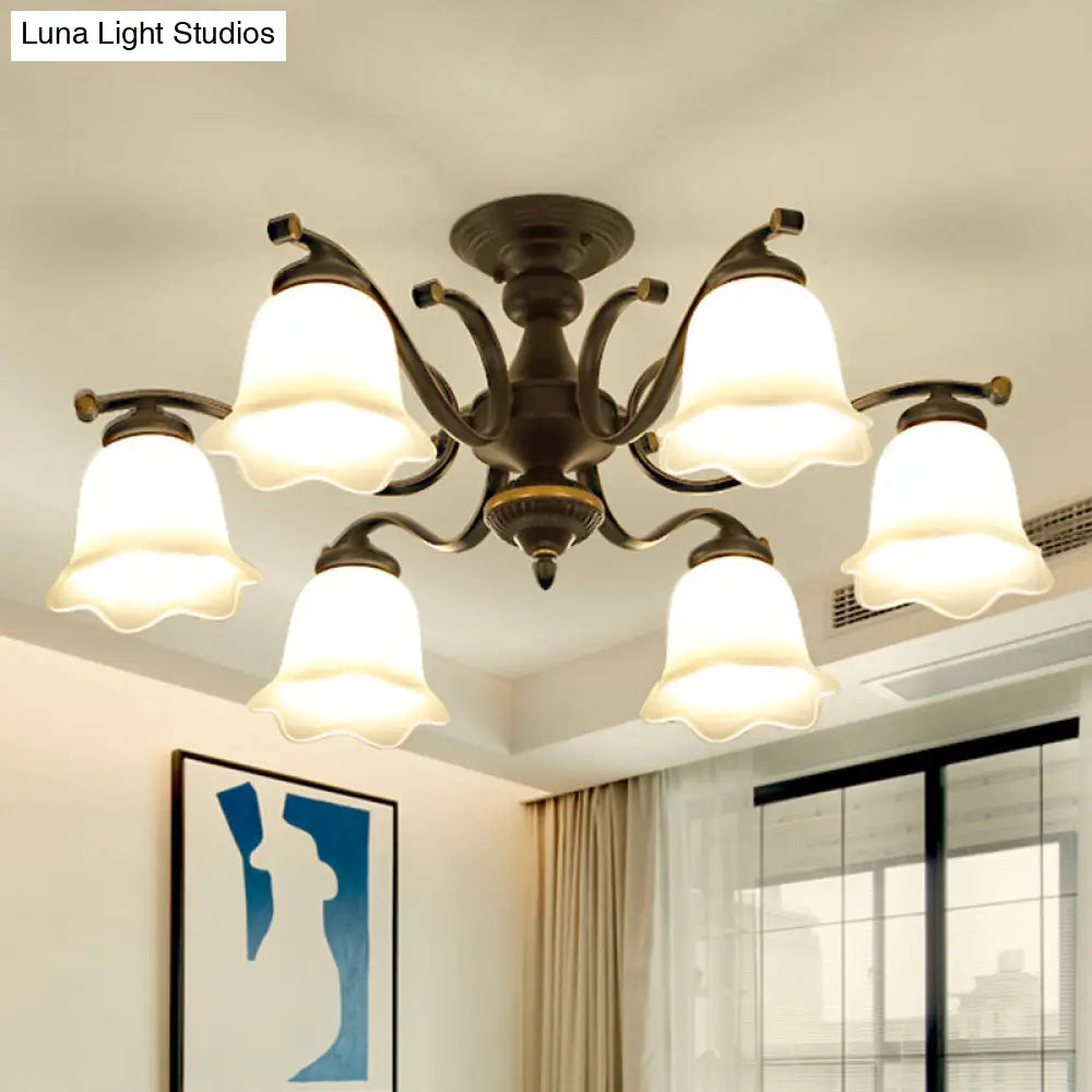 Vintage Frosted Glass Flower Shade Semi Flush Mount Chandelier for Bedroom Ceiling