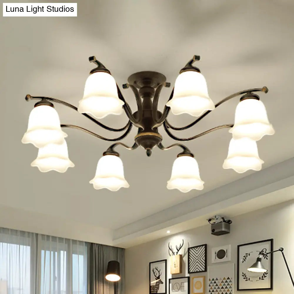 Vintage Frosted Glass Flower Shade Semi Flush Mount Chandelier for Bedroom Ceiling
