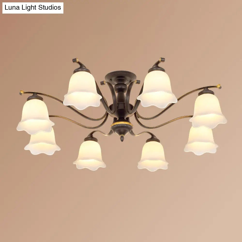 Vintage Frosted Glass Flower Shade Semi Flush Mount Chandelier for Bedroom Ceiling