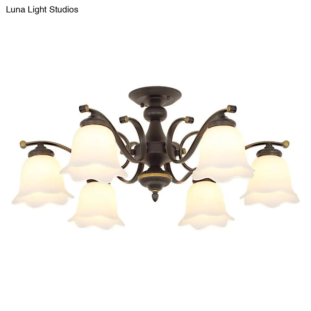 Vintage Frosted Glass Flower Shade Semi Flush Mount Chandelier for Bedroom Ceiling