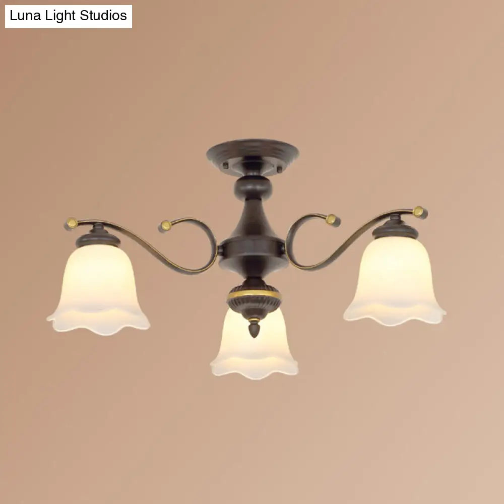 Vintage Frosted Glass Flower Shade Semi Flush Mount Chandelier for Bedroom Ceiling