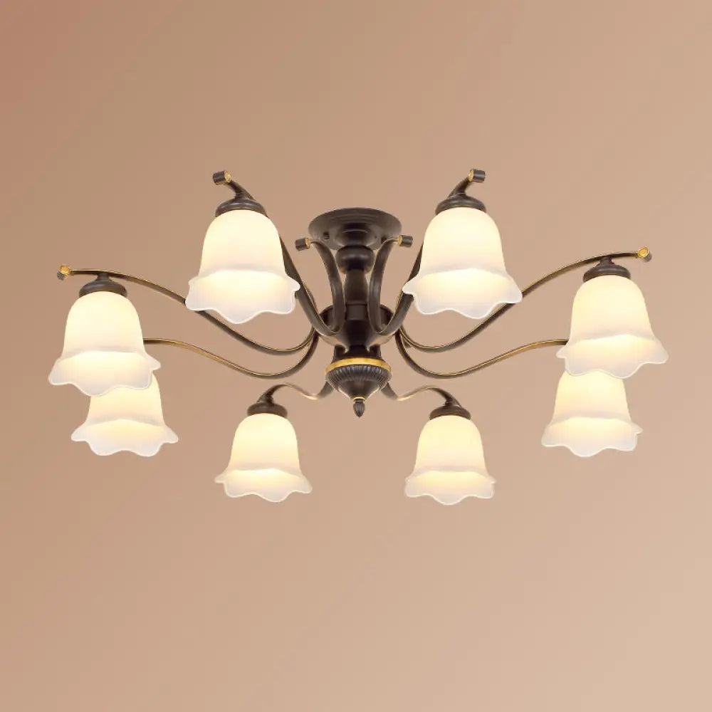Vintage Frosted Glass Flower Shade Semi Flush Mount Chandelier for Bedroom Ceiling