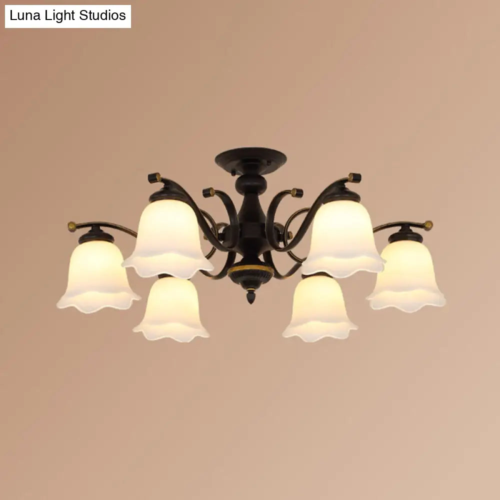 Vintage Frosted Glass Flower Shade Semi Flush Mount Chandelier for Bedroom Ceiling
