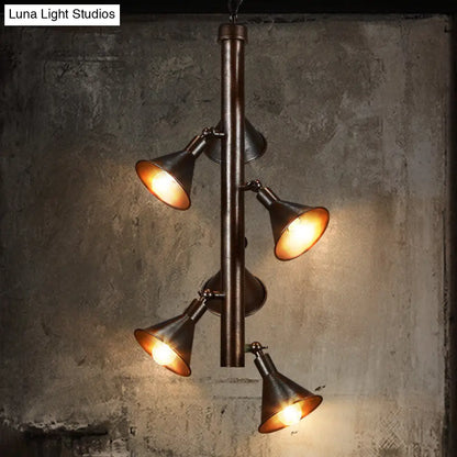 Vintage Funnel Chandelier Lamp - 6-Head Iron Angle Adjustable Pendant Light in Bronze