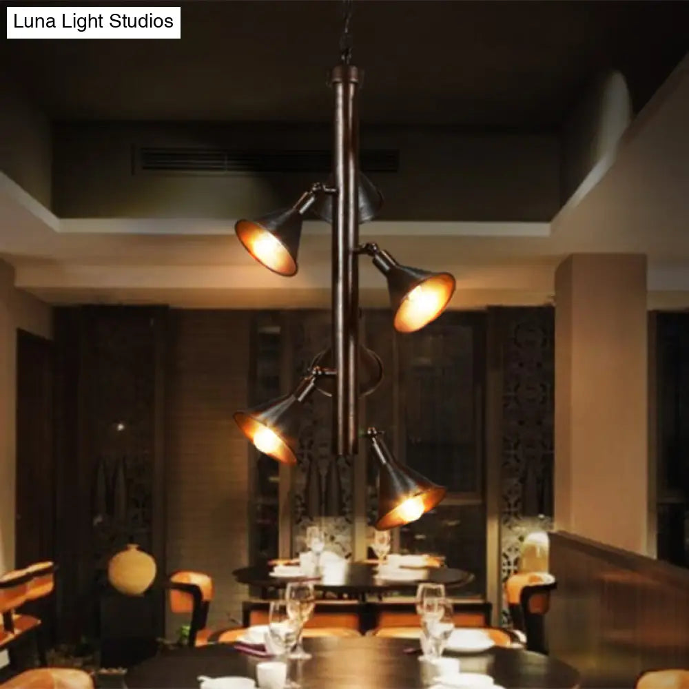 Vintage Funnel Chandelier Lamp - 6-Head Iron Angle Adjustable Pendant Light in Bronze