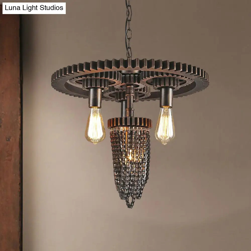 Vintage Gear Design Iron Pendant Light with Exposed Bulb - Bronze Chandelier Lamp