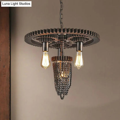 Vintage Gear Design Iron Pendant Light with Exposed Bulb - Bronze Chandelier Lamp
