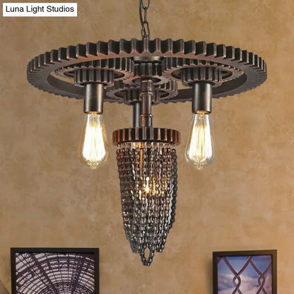 Vintage Gear Design Iron Pendant Light with Exposed Bulb - Bronze Chandelier Lamp