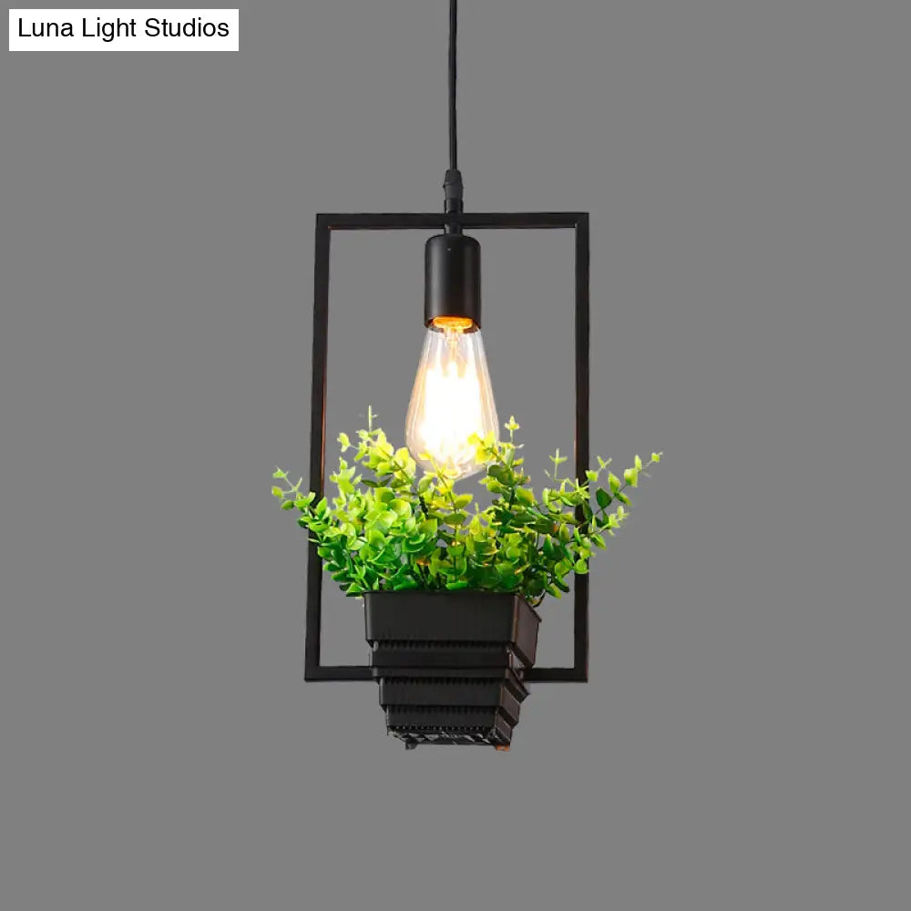 Vintage Geometric Hanging Lamp with Artificial Plant - Single-Bulb Iron Pendant in Black