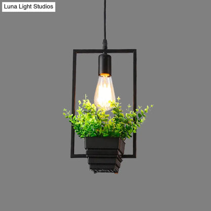 Vintage Geometric Hanging Lamp with Artificial Plant - Single-Bulb Iron Pendant in Black