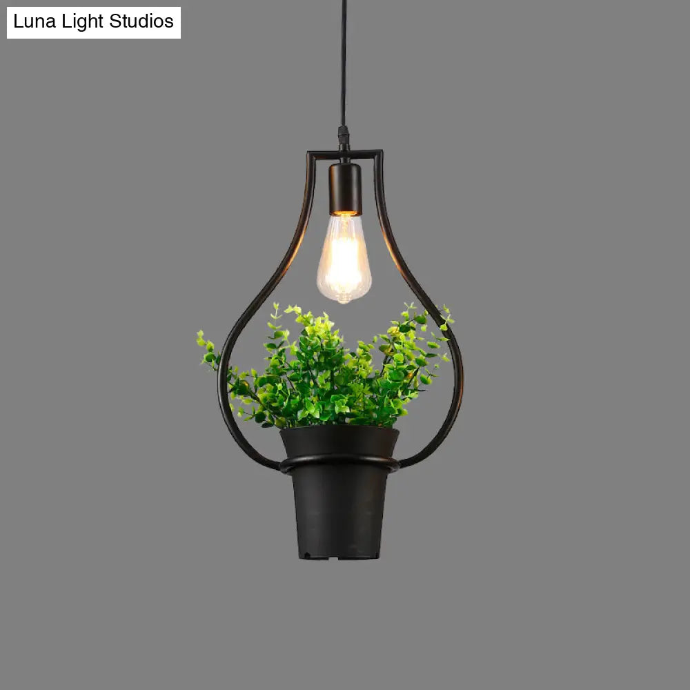 Vintage Geometric Hanging Lamp with Artificial Plant - Single-Bulb Iron Pendant in Black