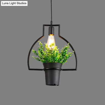 Vintage Geometric Hanging Lamp with Artificial Plant - Single-Bulb Iron Pendant in Black