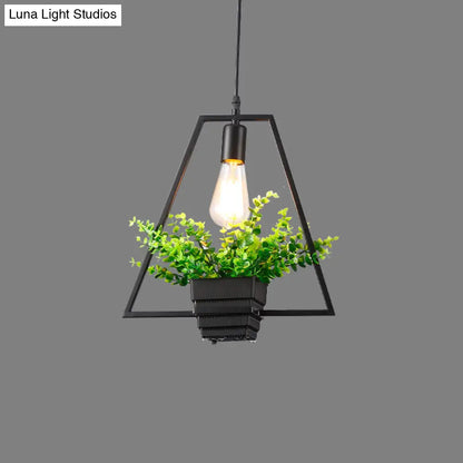 Vintage Geometric Hanging Lamp with Artificial Plant - Single-Bulb Iron Pendant in Black