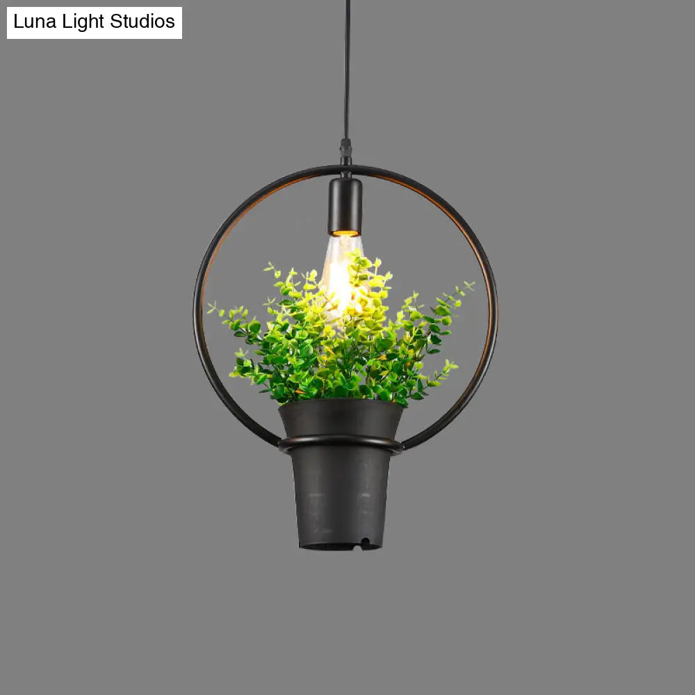 Vintage Geometric Hanging Lamp with Artificial Plant - Single-Bulb Iron Pendant in Black