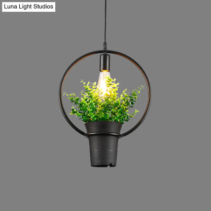 Vintage Geometric Hanging Lamp with Artificial Plant - Single-Bulb Iron Pendant in Black