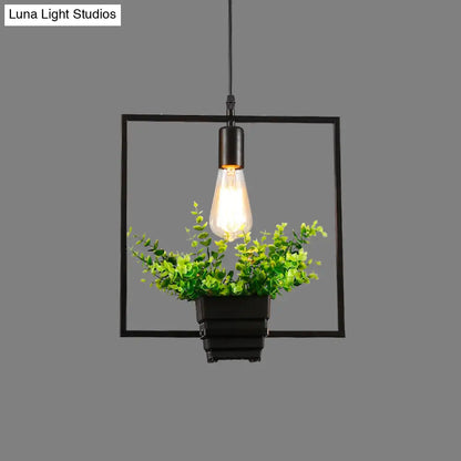 Vintage Geometric Hanging Lamp with Artificial Plant - Single-Bulb Iron Pendant in Black