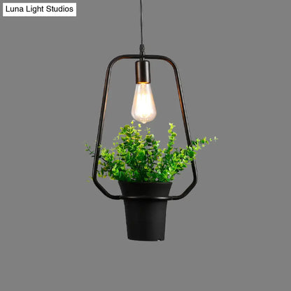 Vintage Geometric Hanging Lamp with Artificial Plant - Single-Bulb Iron Pendant in Black