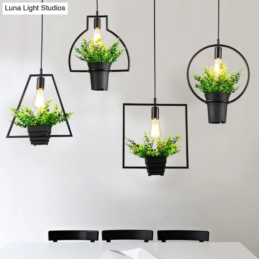 Vintage Geometric Hanging Lamp with Artificial Plant - Single-Bulb Iron Pendant in Black