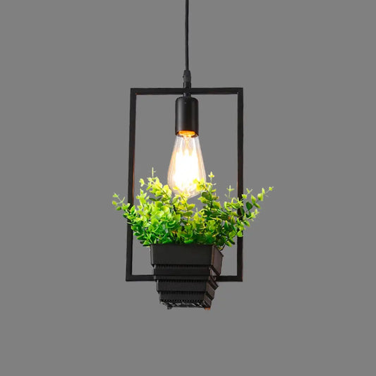 Vintage Geometric Hanging Lamp with Artificial Plant - Single-Bulb Iron Pendant in Black