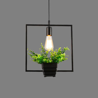 Vintage Geometric Hanging Lamp with Artificial Plant - Single-Bulb Iron Pendant in Black