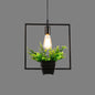 Vintage Geometric Hanging Lamp with Artificial Plant - Single-Bulb Iron Pendant in Black