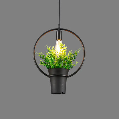 Vintage Geometric Hanging Lamp with Artificial Plant - Single-Bulb Iron Pendant in Black