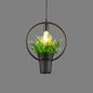 Vintage Geometric Hanging Lamp with Artificial Plant - Single-Bulb Iron Pendant in Black