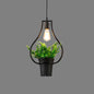 Vintage Geometric Hanging Lamp with Artificial Plant - Single-Bulb Iron Pendant in Black