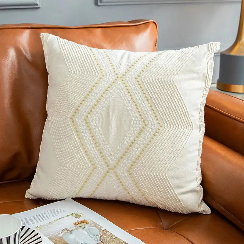 Cream-colored vintage geometric ivory cushion cover with soft gold intricate embroidery for living room decorbites decor