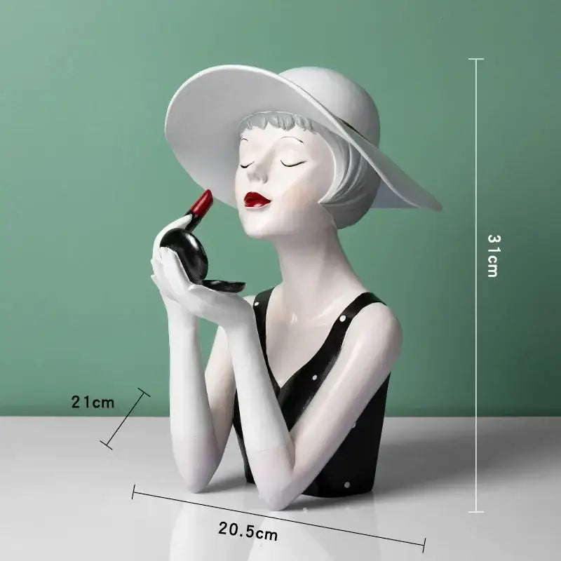 White ceramic vintage glamour resin bust of woman in black dress applying red lipstick for decorbites elegant living room decor