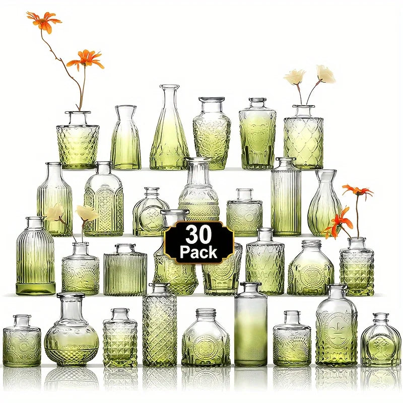 Vintage Glass Bud Vases Set - 30 Pieces - Green-30pcs / United States - Vase