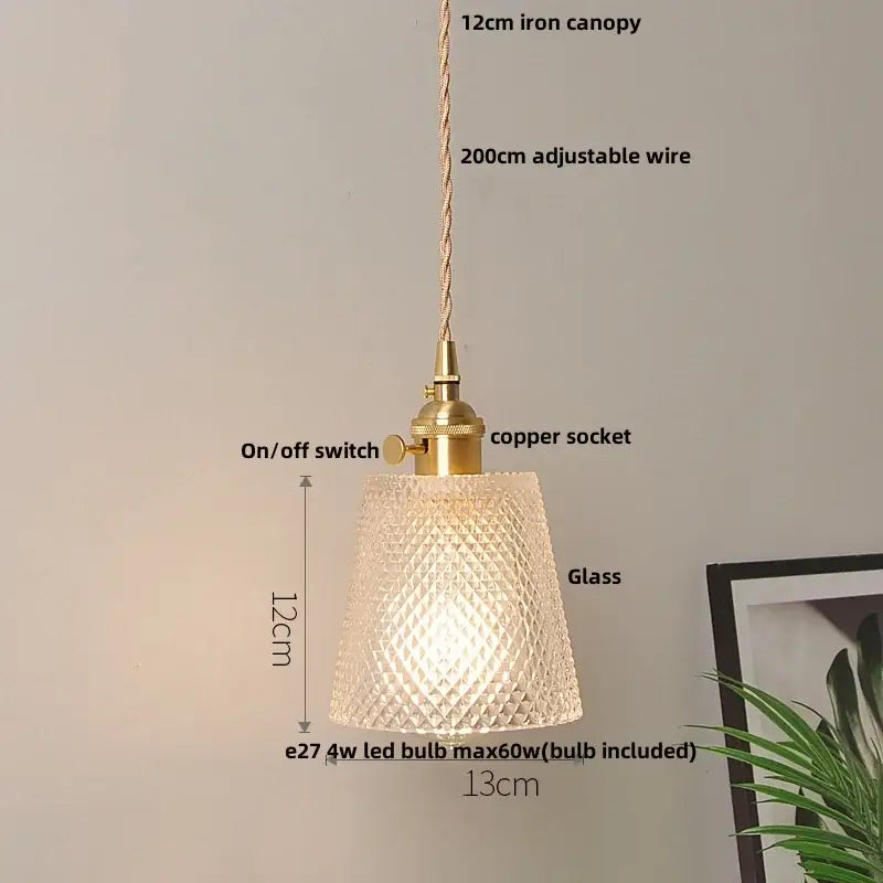 A 12cm tall vintage glass copper led pendant lamp with textured glass, brass canopy, and copper socket for kitchen lighting