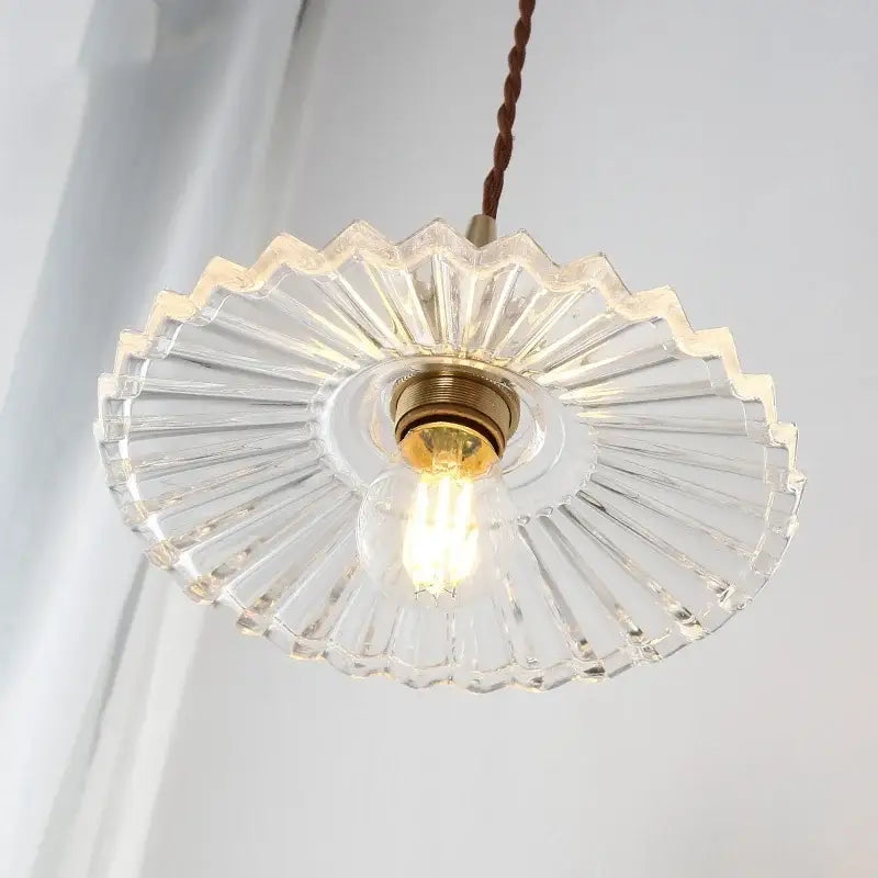 Clear glass copper led pendant lamp with scalloped fan design and brass accents for vintage kitchen lighting
