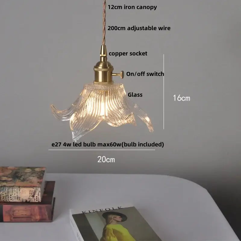 Vintage glass copper led pendant lamp with delicate translucent fluted petal design and brass-finished metal components