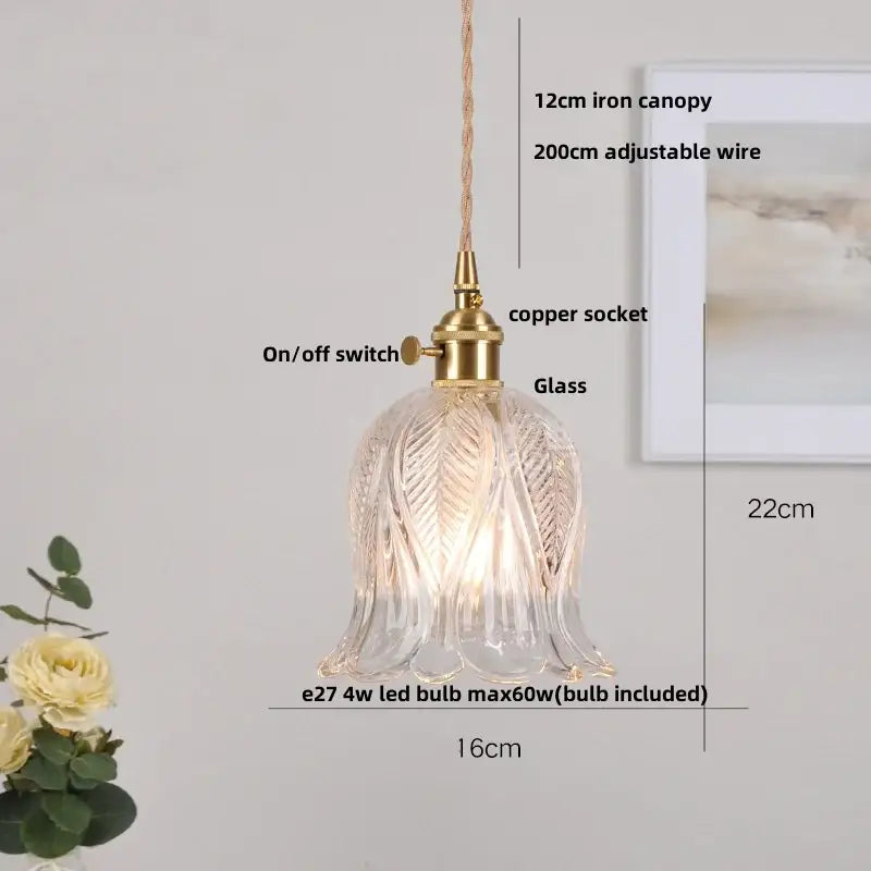 Delicate clear glass copper led pendant lamp with leaf-patterned design and brass accents for vintage kitchen lighting