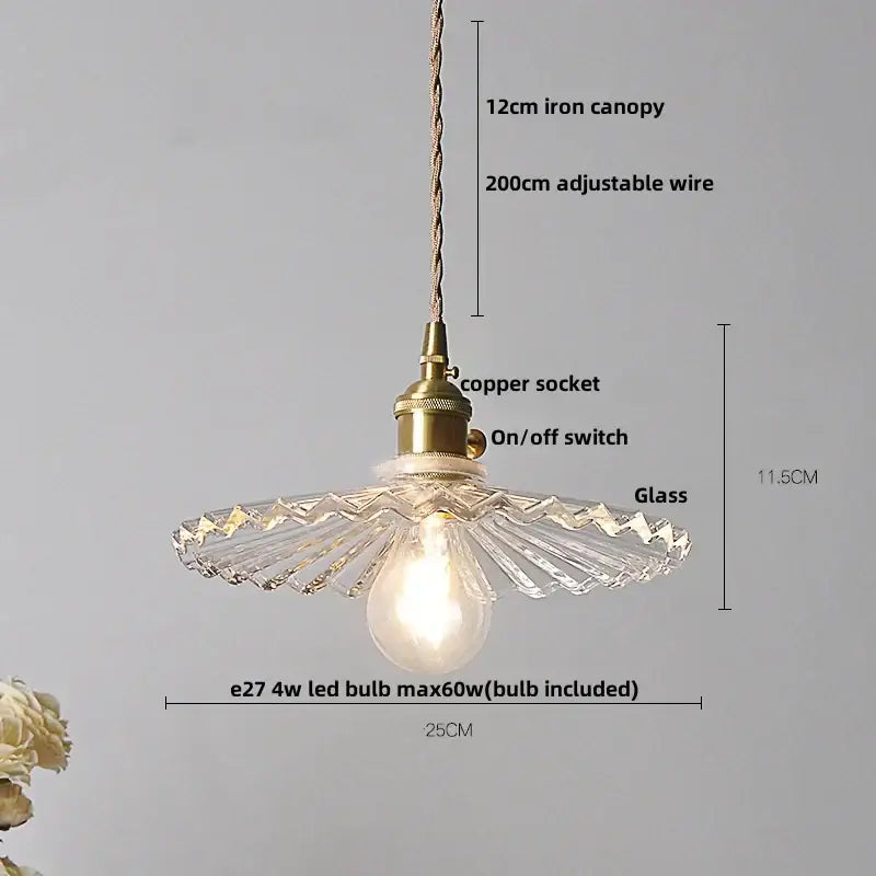 Vintage glass copper led pendant lamp with brass-finished copper socket and faceted glass shade for kitchen lighting