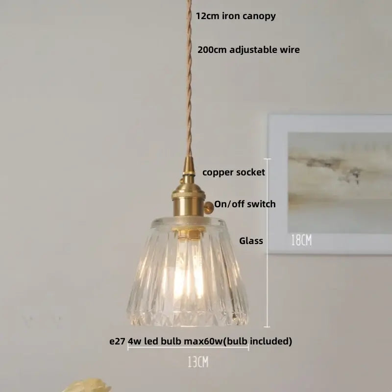 Vintage glass copper led pendant lamp with fluted clear crystal shade and brass copper led pendant socket for kitchen lighting