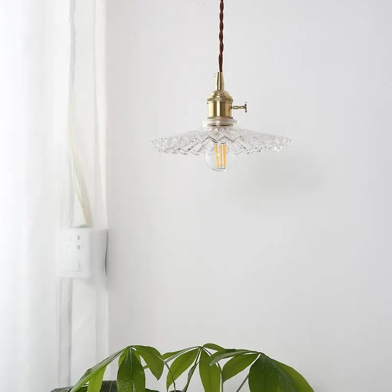 Vintage glass copper led pendant lamp with brass-finished metal fixture and clear faceted glass shade for kitchen use