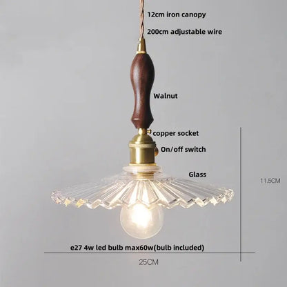 Vintage glass copper led pendant lamp with dark walnut wooden handle brass accents and clear faceted glass shade