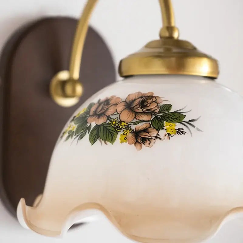 Vintage glass copper led wall lights with frosted floral glass shade and brass arm on wood backplate for bedroom use