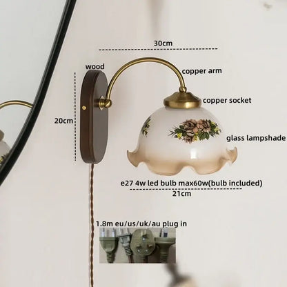 Vintage glass copper led wall lights with brass copper arm, dark wood backplate, and floral off-white glass shade for bedroom