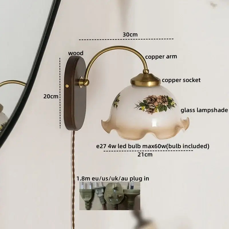 Vintage glass copper led wall lights with brass copper arm, dark wood backplate, and floral off-white glass shade for bedroom