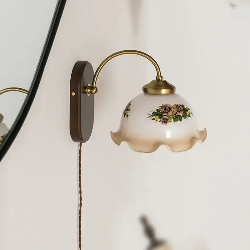 Vintage glass copper led wall lights featuring antique brass finish and frosted floral glass shade with wood backplate