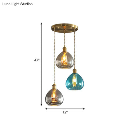 Vintage Glass Onion Multi Ceiling Light Pendant in Brass with Linear/Round Canopy - Tan-Blue-Grey, 3-Bulb Fixture