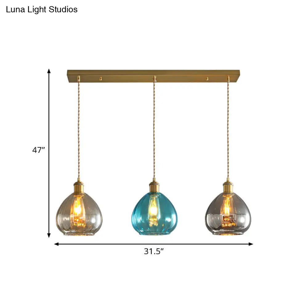 Vintage Glass Onion Multi Ceiling Light Pendant in Brass with Linear/Round Canopy - Tan-Blue-Grey, 3-Bulb Fixture