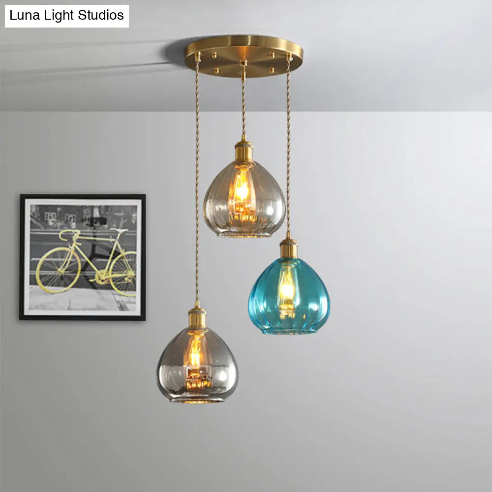 Vintage Glass Onion Multi Ceiling Light Pendant in Brass with Linear/Round Canopy - Tan-Blue-Grey, 3-Bulb Fixture