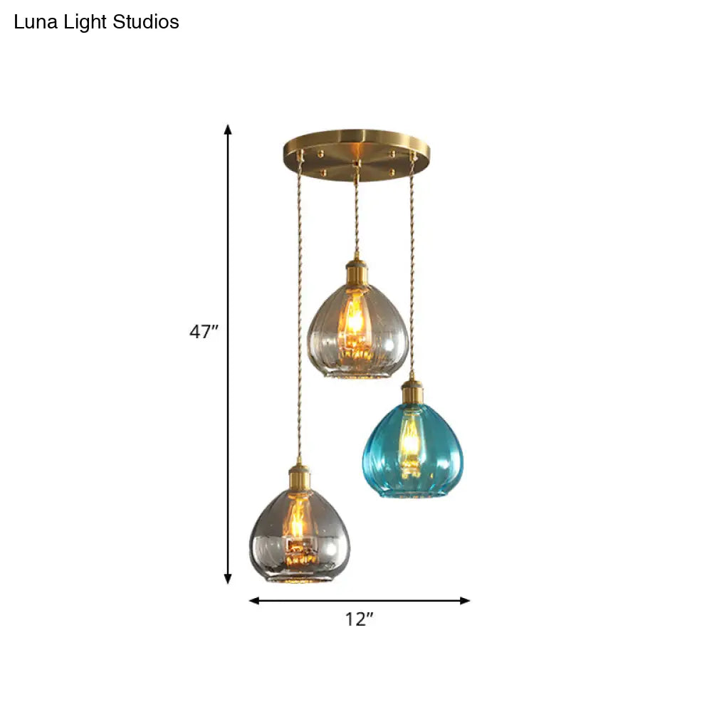 Vintage Glass Onion Multi Ceiling Light Pendant in Brass with Linear/Round Canopy - Tan-Blue-Grey, 3-Bulb Fixture