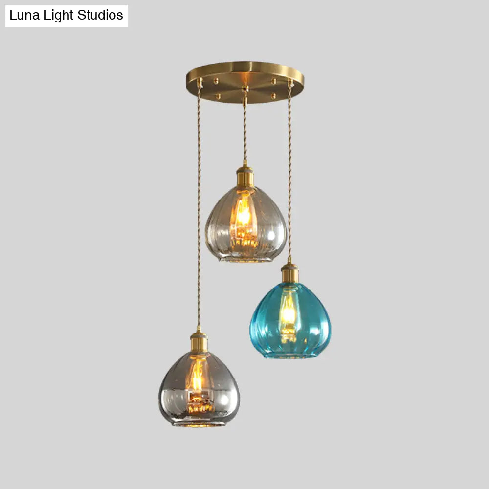 Vintage Glass Onion Multi Ceiling Light Pendant in Brass with Linear/Round Canopy - Tan-Blue-Grey, 3-Bulb Fixture