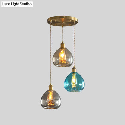 Vintage Glass Onion Multi Ceiling Light Pendant in Brass with Linear/Round Canopy - Tan-Blue-Grey, 3-Bulb Fixture